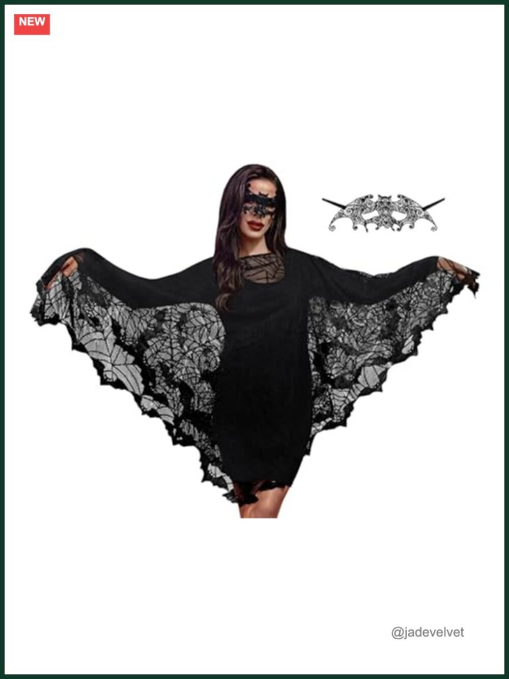 Halloween Spiderweb Poncho Cape with Bat Hem and Mask